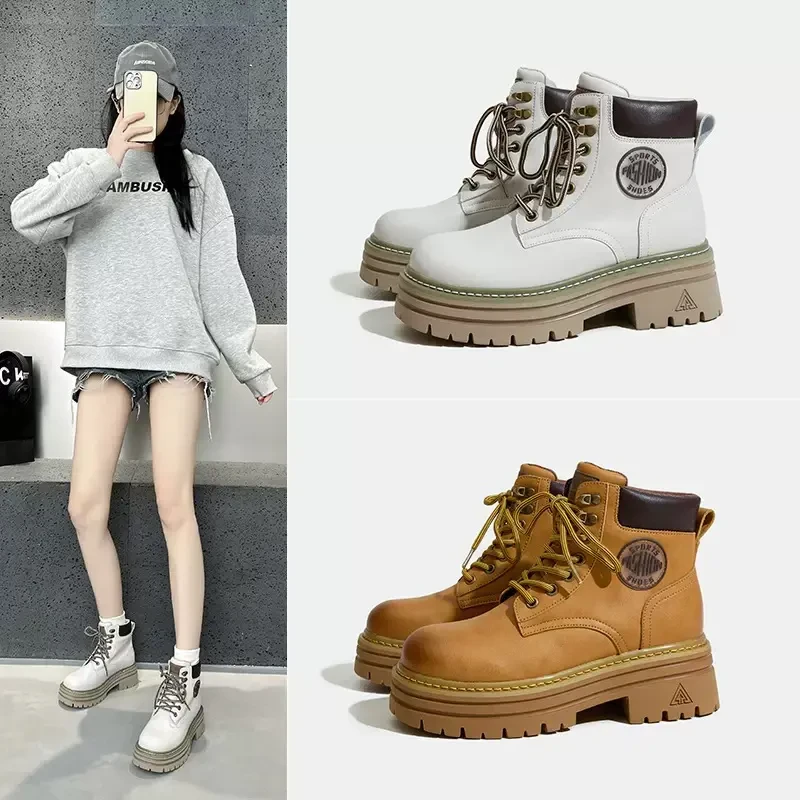 牛皮版～8CM隐形内增高马丁靴女2025新款明星同款复古厚底大黄靴