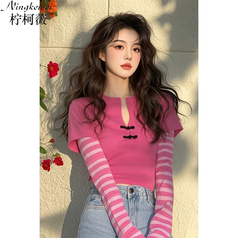 多巴胺穿搭玫红色拼接条纹长袖假两件T恤女2025春季新款漂亮上衣