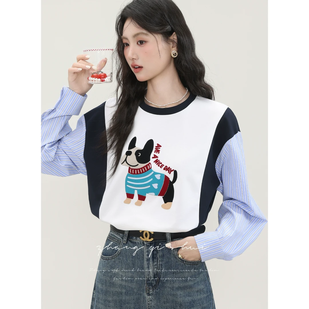 张小小《小狗日记》秋冬新款圆领白色假两件卫衣百搭拼接短款上衣