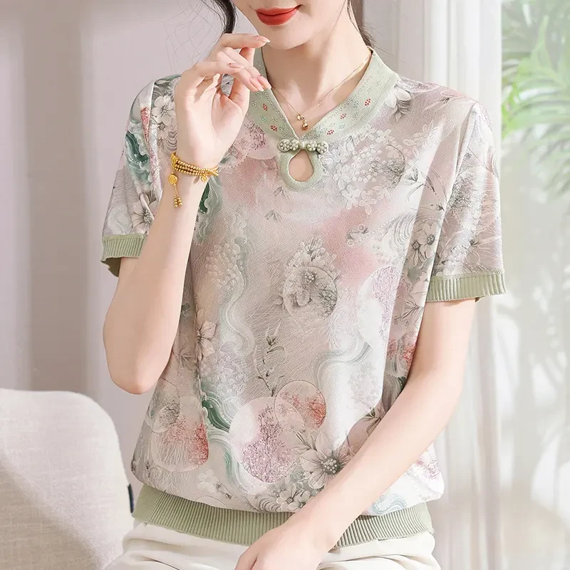 妈妈夏装短袖针织小衫洋气冰丝t恤中老年女装2025新款上衣服楠