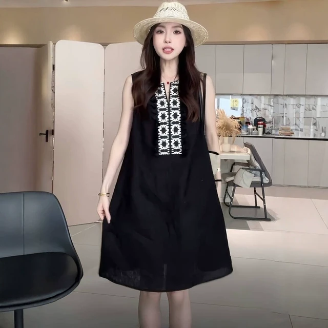 法式钩花刺绣无袖亚麻连衣裙女夏季2025夏季女装套装裙子女款爆款