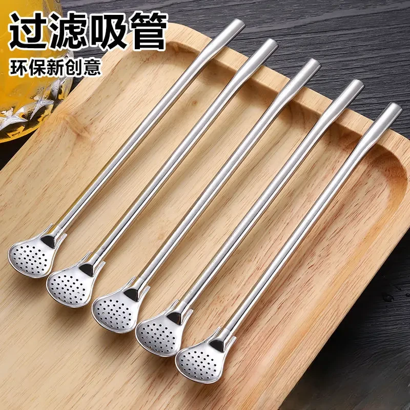 加长吸管勺子不锈钢奶茶搅拌过滤勺一体两用环保可循环喝花茶
