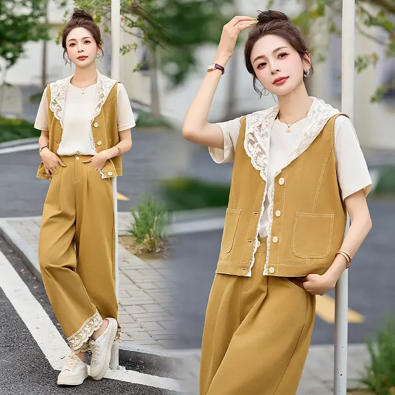 蕾丝拼接马甲牛仔套装女2025夏季新款高级感时尚休闲阔腿裤三件套