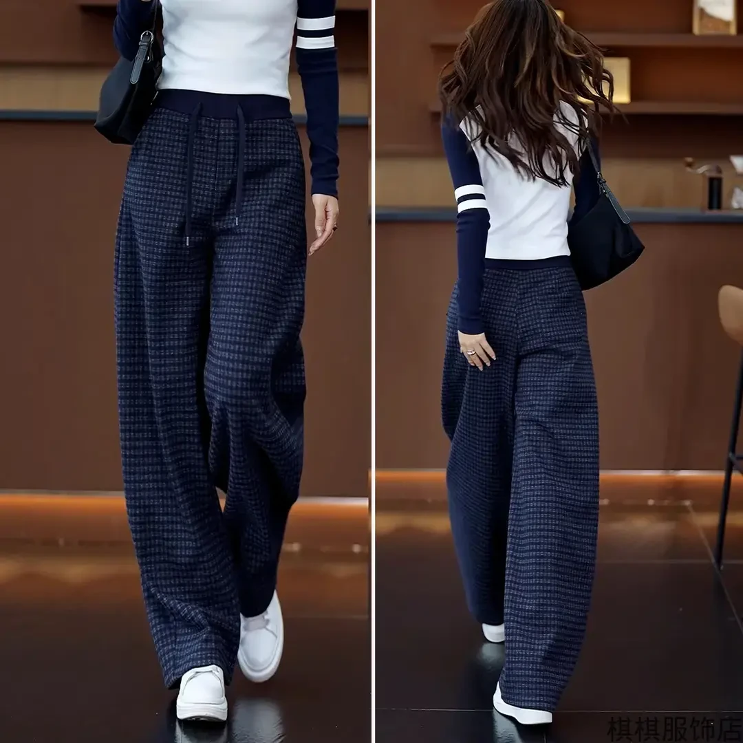 2025新款高腰遮肚弯刀裤显瘦毛呢直筒裤加绒蓝色格子阔腿裤女秋冬