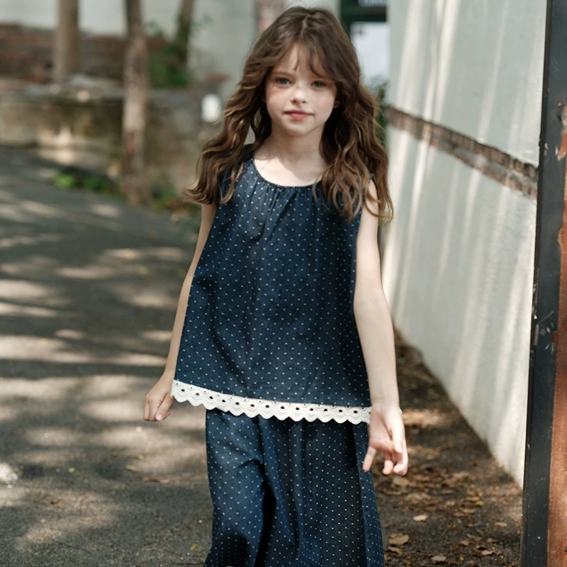 史豌豆女童花边摆点点上衣+阔腿裤套装 Y4300