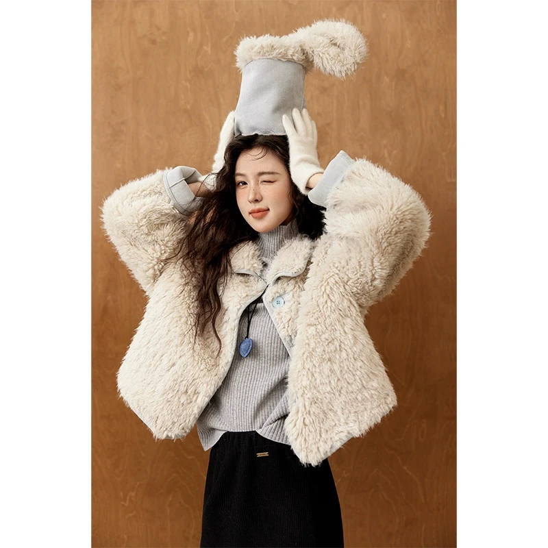 谜秀女士宽松皮毛一体短款加厚外套女时尚洋气高级感上衣休闲百搭