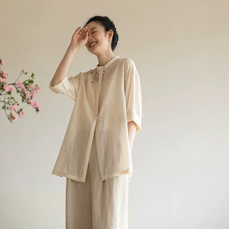 牧衣游原创 丝棉手工刺绣短外套夏季新品轻薄舒爽百搭开衫 和月香