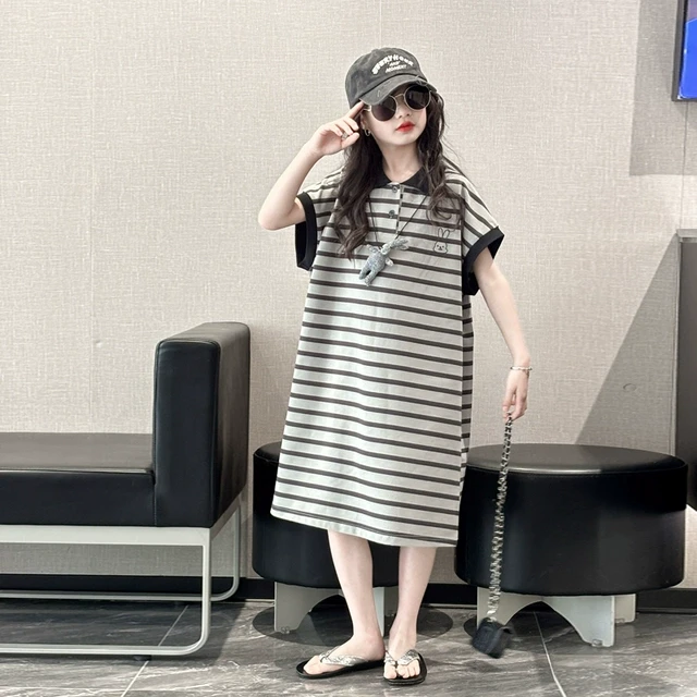 女童裙子高级感夏季儿童连衣裙2025新款夏装条纹女大童POLO裙韩系
