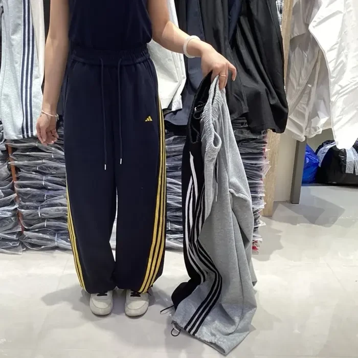 时尚针织宽松长裤条纹拼接冬季免烫卫裤中腰休闲裤