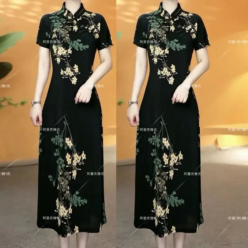 夏季新款女新中式斜门襟旗袍连衣裙中老年妈妈装洋气高档旗袍裙子