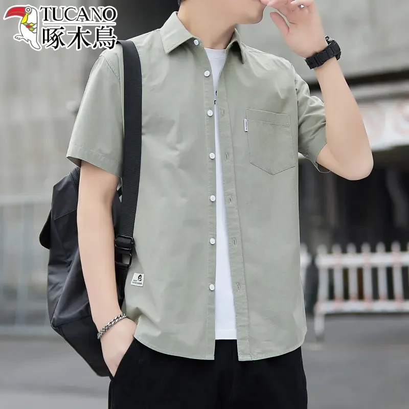 啄木鳥夏季工装短袖衬衫男士外套全棉衬衣休闲简约薄款透气上衣潮