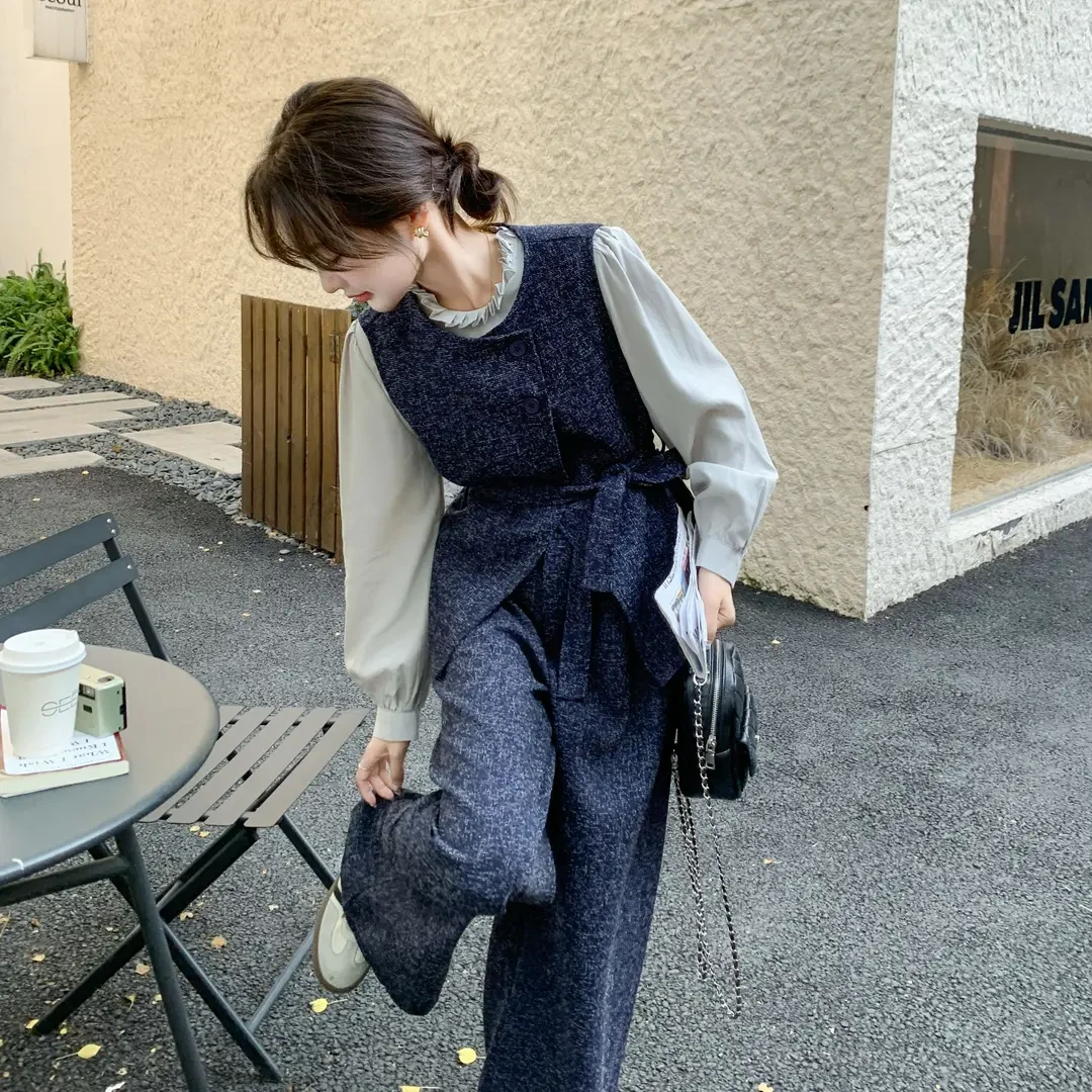 小香风马甲套装女2025新款春季轻奢高级感盐系阔腿长裤三件套爆款