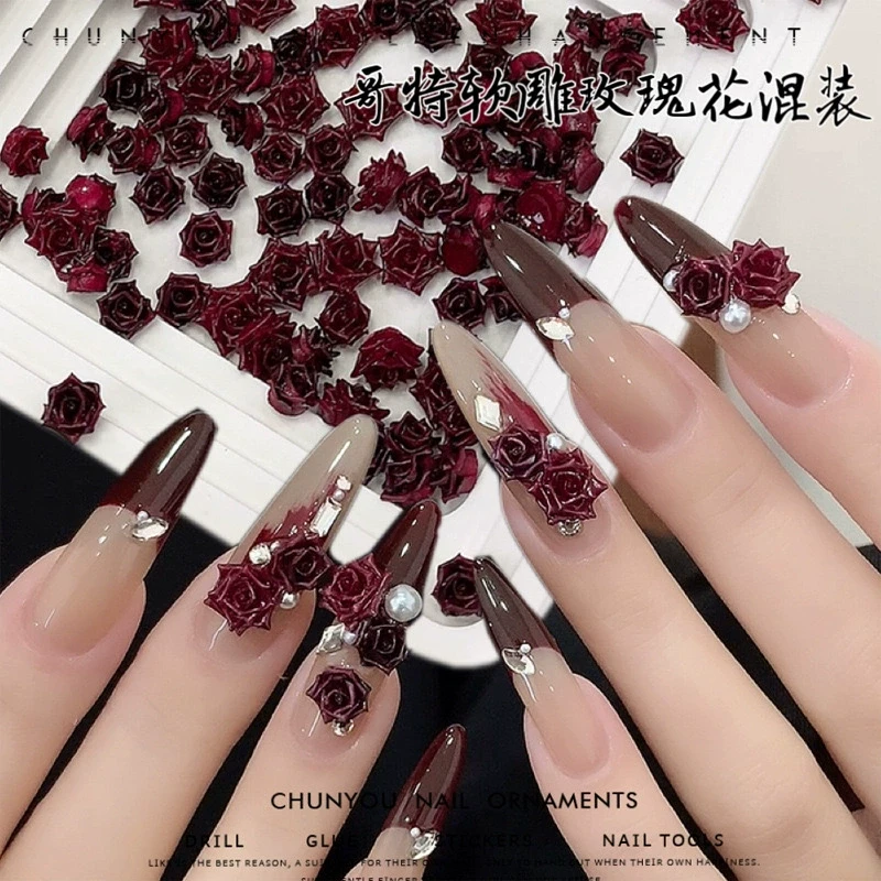 新年饰品哥特软雕玫瑰花网红安可拉红色立体穿戴甲山茶花大小混