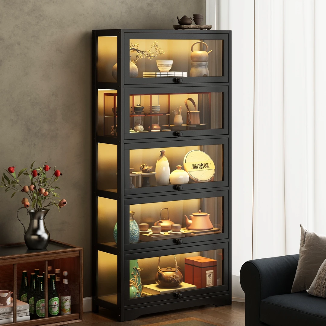 防尘博古架实木中式客厅摆件展示架茶室布置茶具置物架茶叶收纳柜