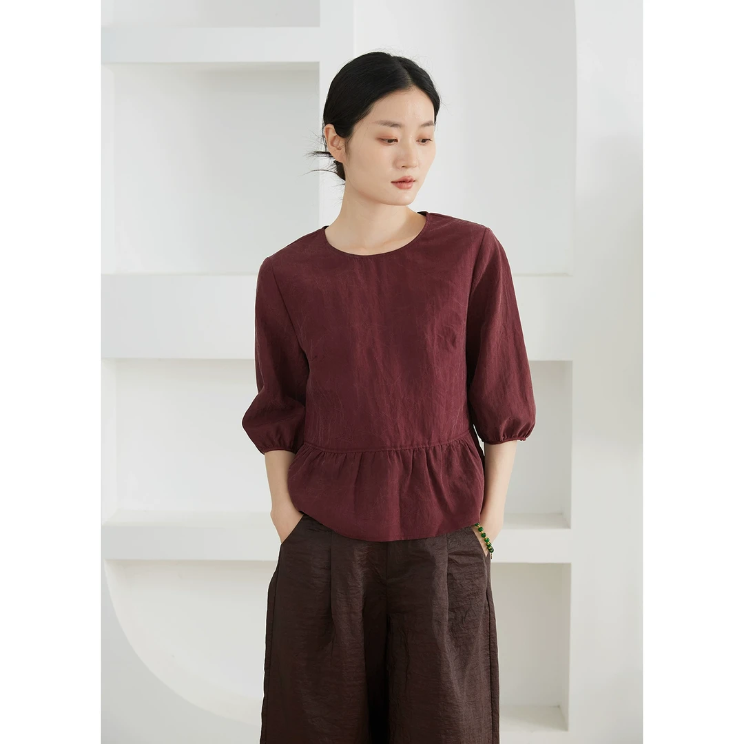 真丝香云纱半袖上衣女100%桑蚕丝裙摆边短袖套头衫娃娃衫SY52076