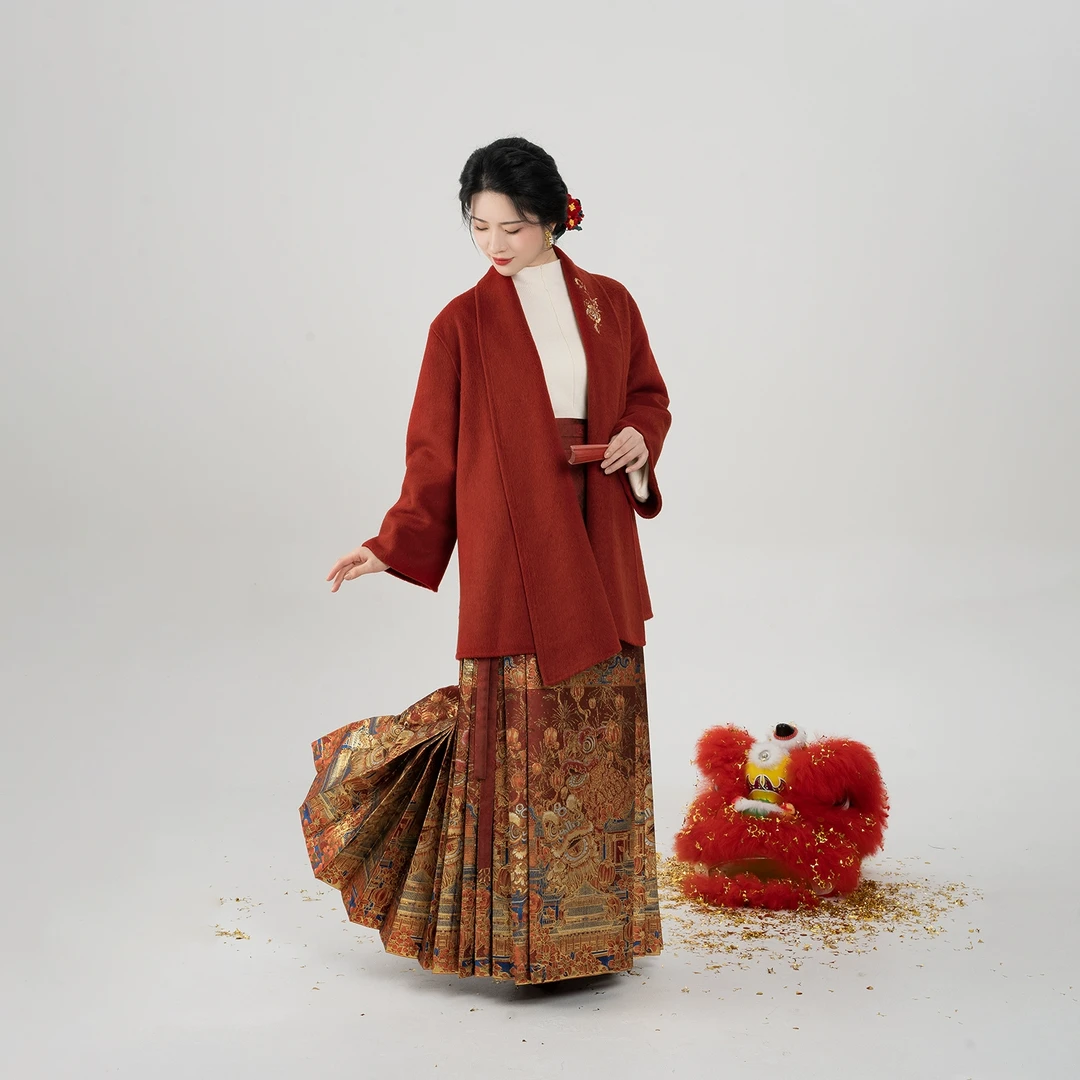 织造司[燃棉醒狮]红色过年战袍明制妆花织金马面裙汉服DB