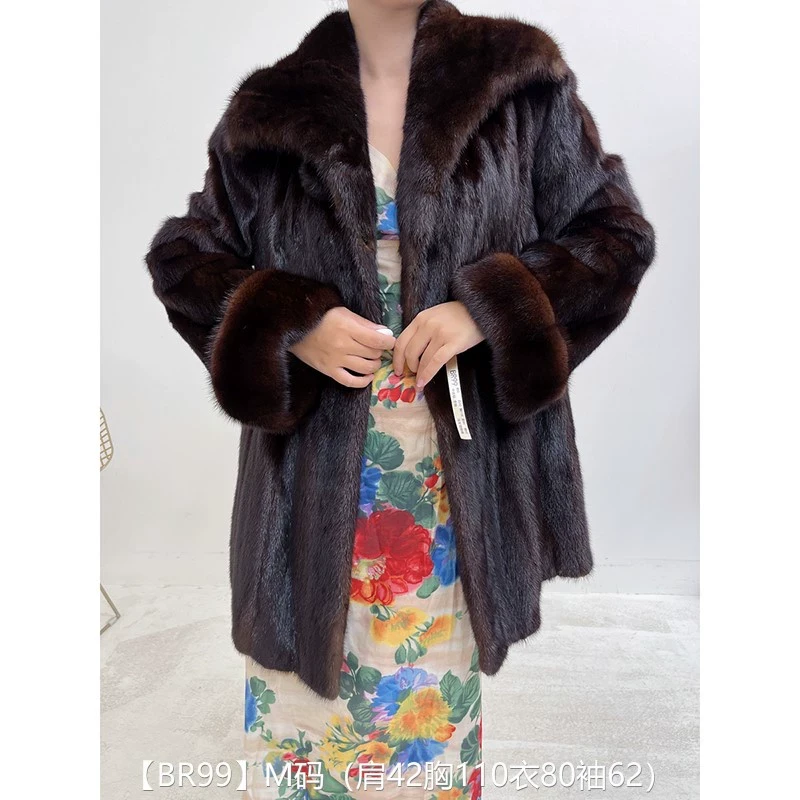 【BR99】L码 中古棕全抽中长款貂皮大衣皮草外套 海军领挽袖