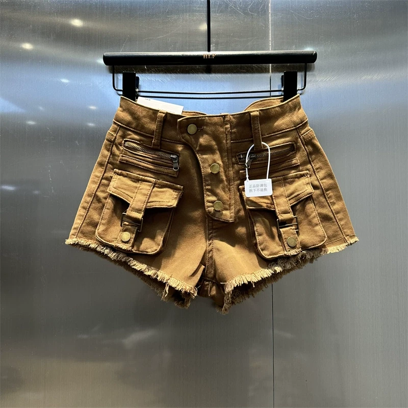 原创欧货2025年春夏新款咖啡驼色废土工装毛边多口袋拉链牛仔热裤
