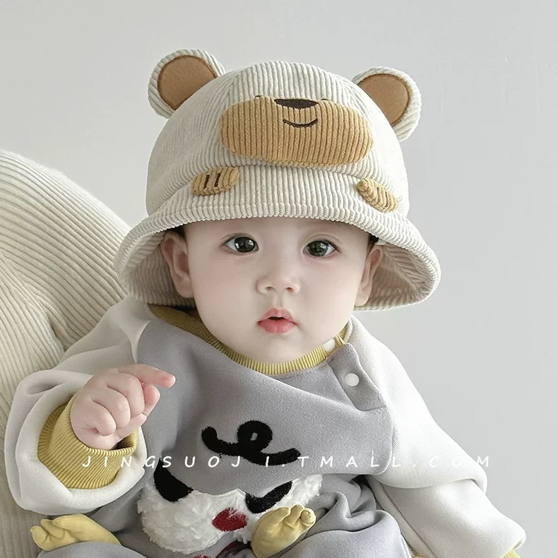 婴儿帽子秋冬季保暖防风可爱宝宝渔夫帽男女童小月龄超萌小熊盆帽