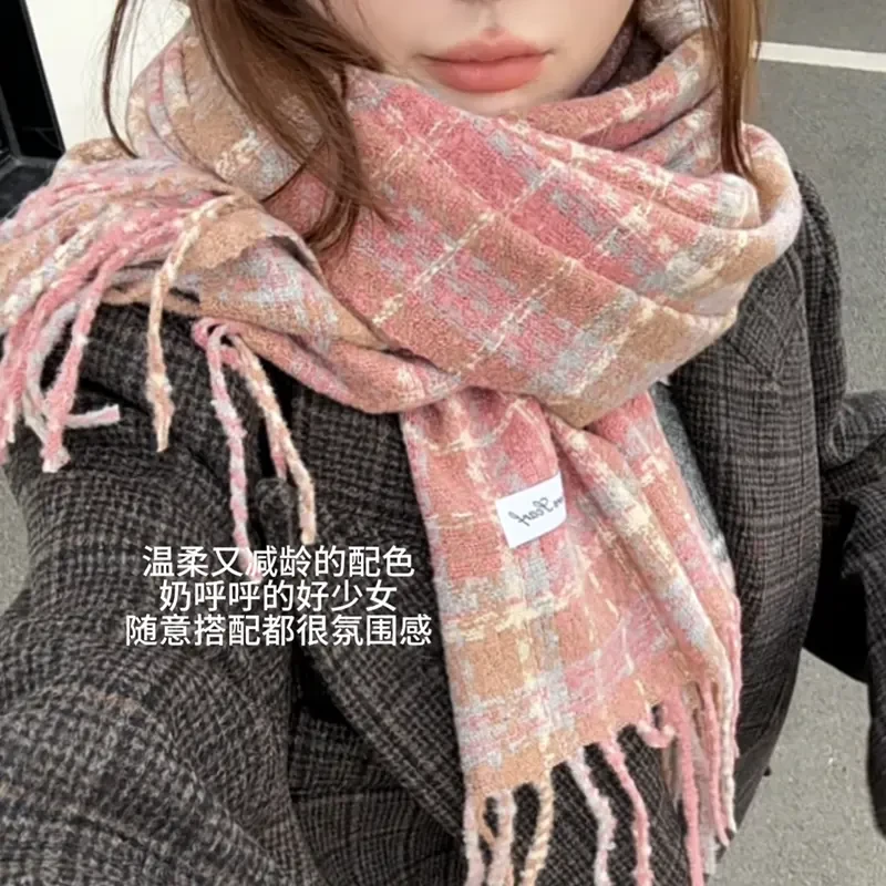 高品质~干枯玫瑰2025新款加厚格子围巾女秋冬流苏披肩围脖两用