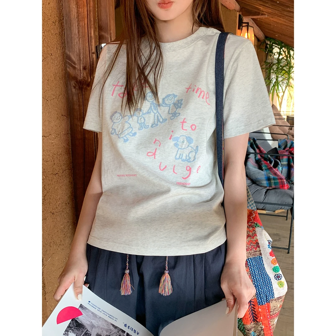你好卡农 原创字母印花锁链绣短袖t恤女夏季小众宽松显瘦纯棉上衣