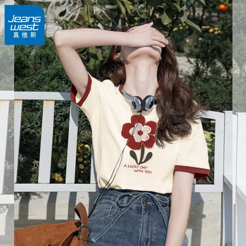 真维斯无界撞色纯棉短袖t恤女2025新款爆款夏季女装宽松显瘦体恤