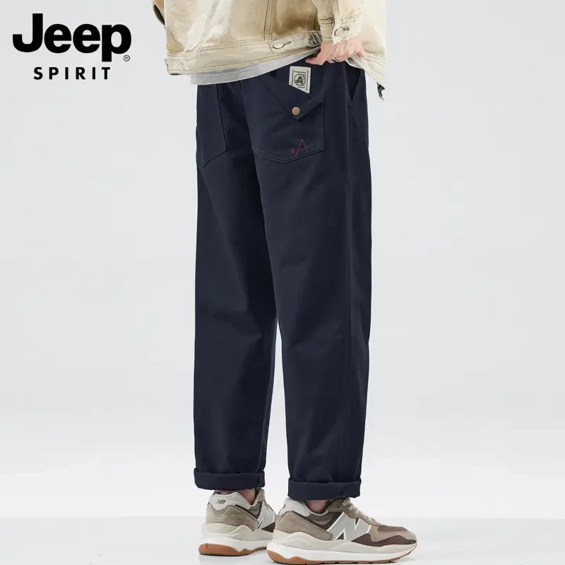 JEEPSPIRIT吉普男款纯棉休闲裤立体剪裁加绒长裤秋冬防风青