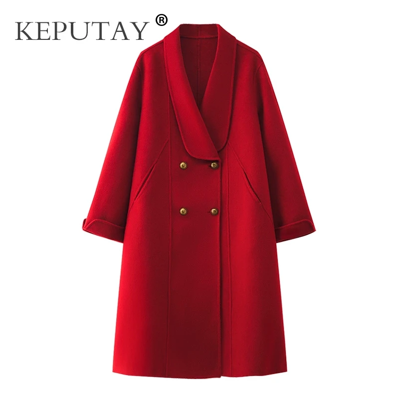 双面羊绒大衣女秋冬新款宽松红色长款双排扣大码手工结婚毛呢外套