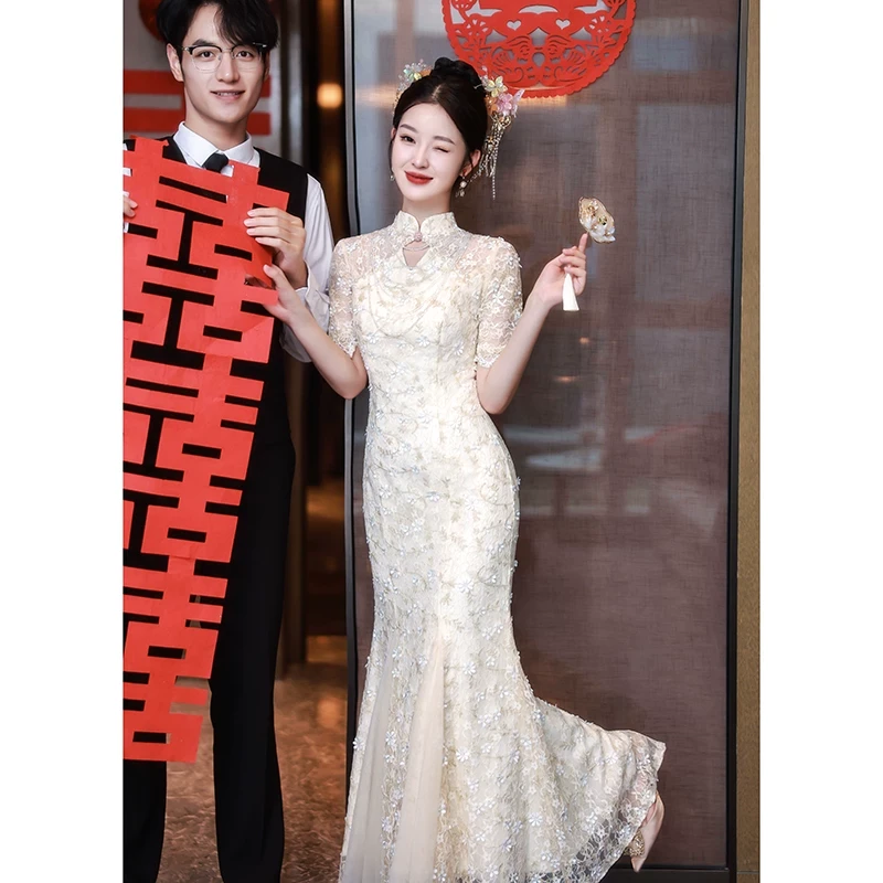 新中式旗袍敬酒服新娘2025新款订婚礼服鱼尾裙高级感结婚当天便装