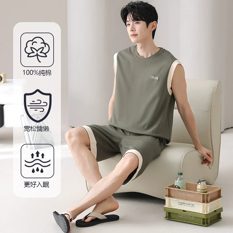 睡衣男士夏季纯棉背心短裤薄款无袖男款大码夏天家居服套装网红风