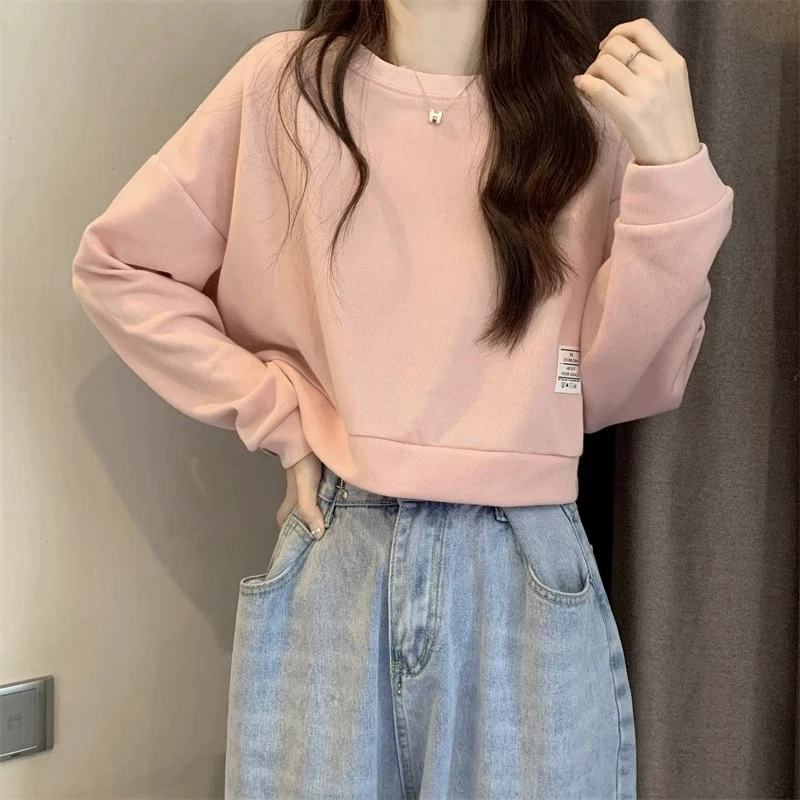 芊芊芙粉色短款卫衣女多巴胺早春秋新款正肩高腰外套山东即墨上衣