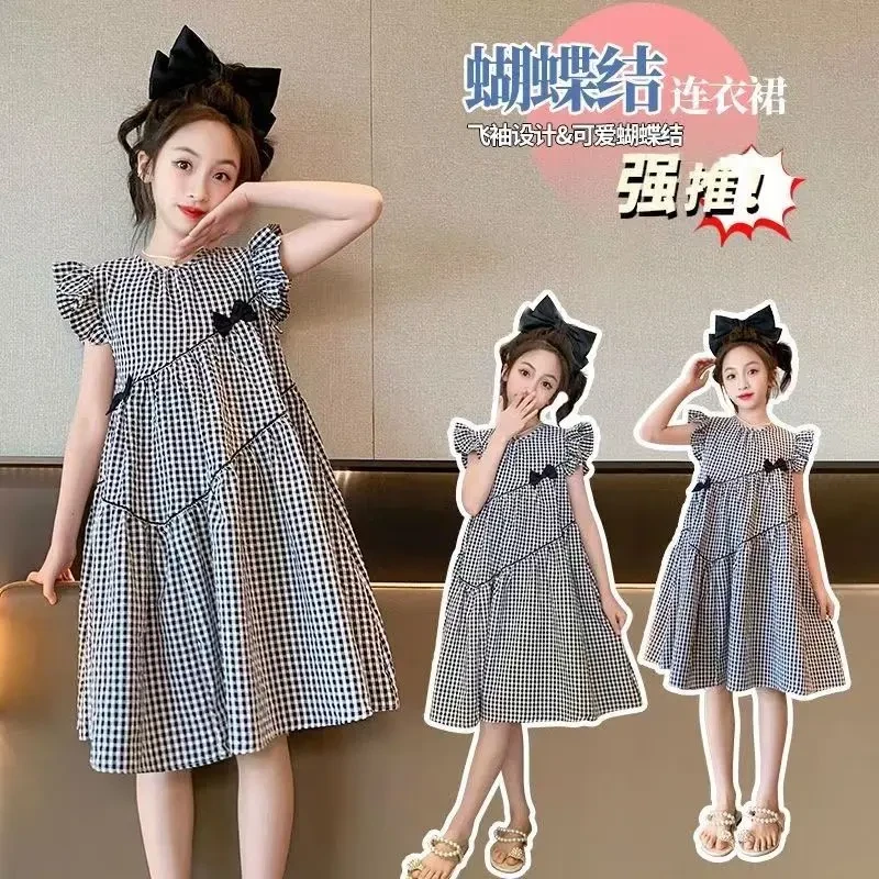 女童连衣裙2025新款女孩洋气格子裙子儿童可爱公主裙大童飞袖裙子