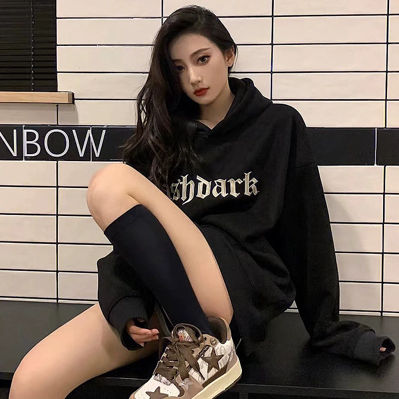 欧美风街头哥特重磅秋季美式高街连帽卫衣男女冬季加绒帽衫潮