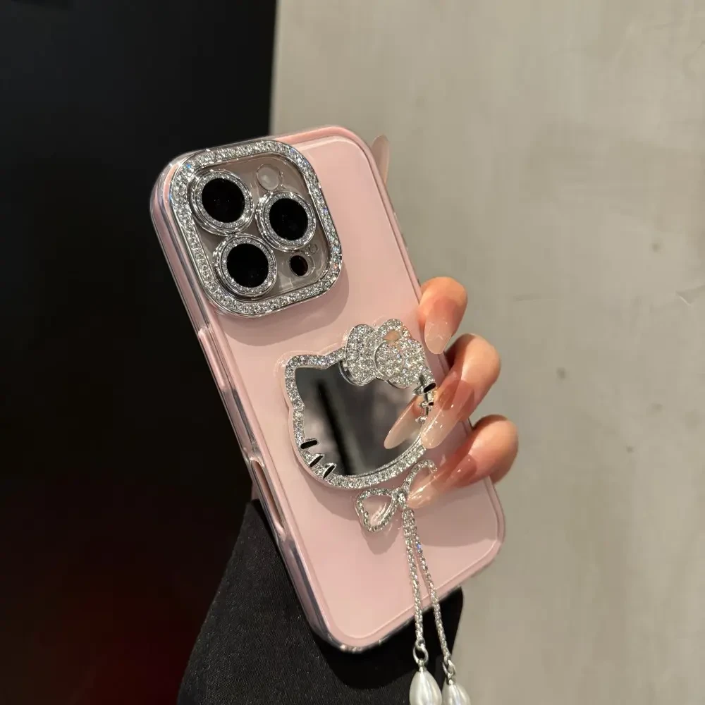 流苏KT猫镜子适用苹果16promax手机壳创意iPhone15时尚14小众13女