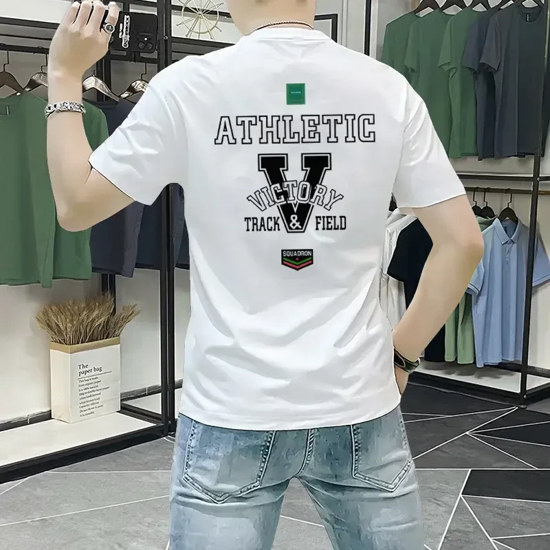 潮牌男装短袖T恤2025新款夏季潮流修身百搭印花纯棉圆领T休闲衣服