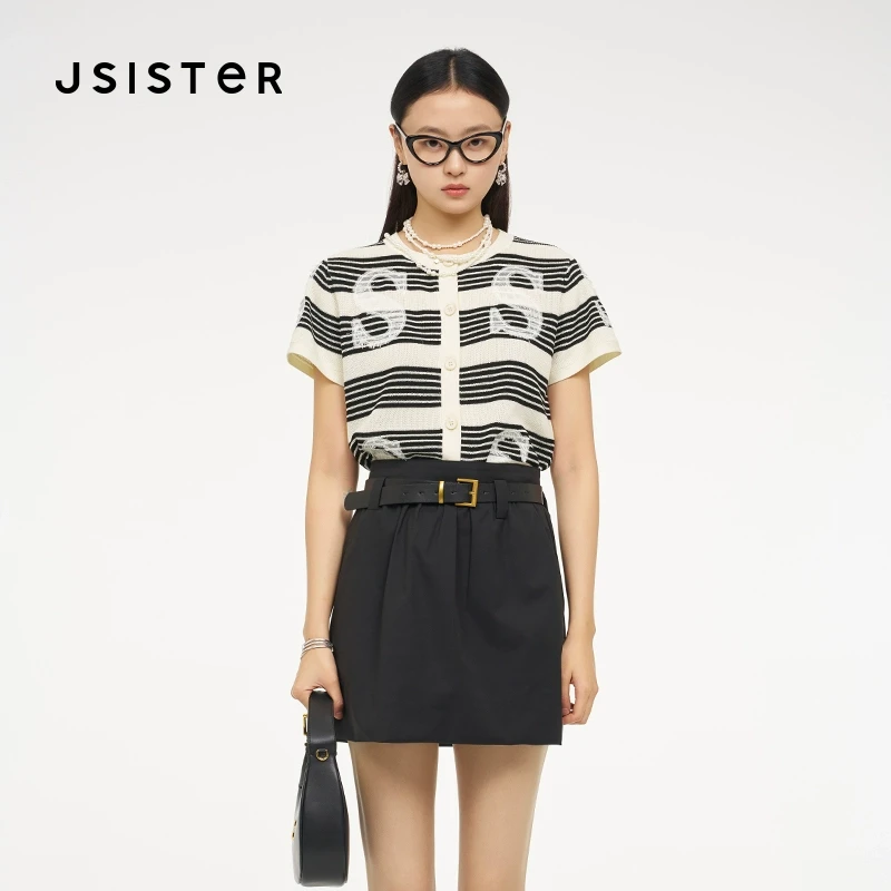 jsister 夏装新款 JS女装时尚黑米条纹针织衫 S424104452