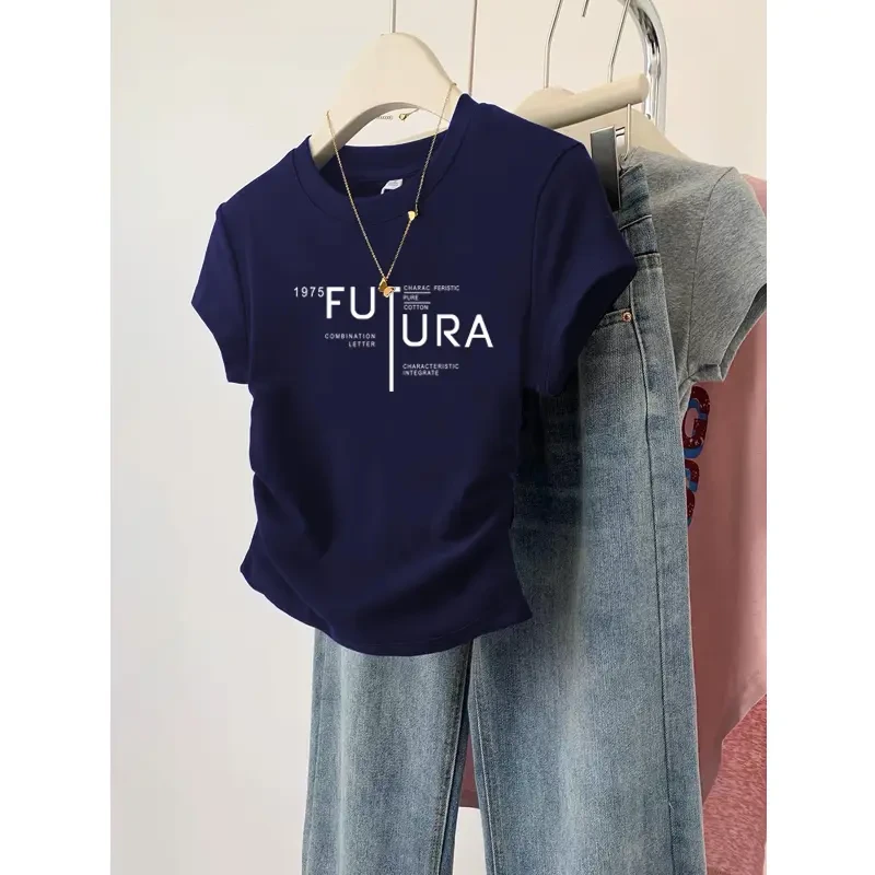 藏青色正肩圆领短袖T恤女2025夏季新款修身褶皱设计感小众上衣潮