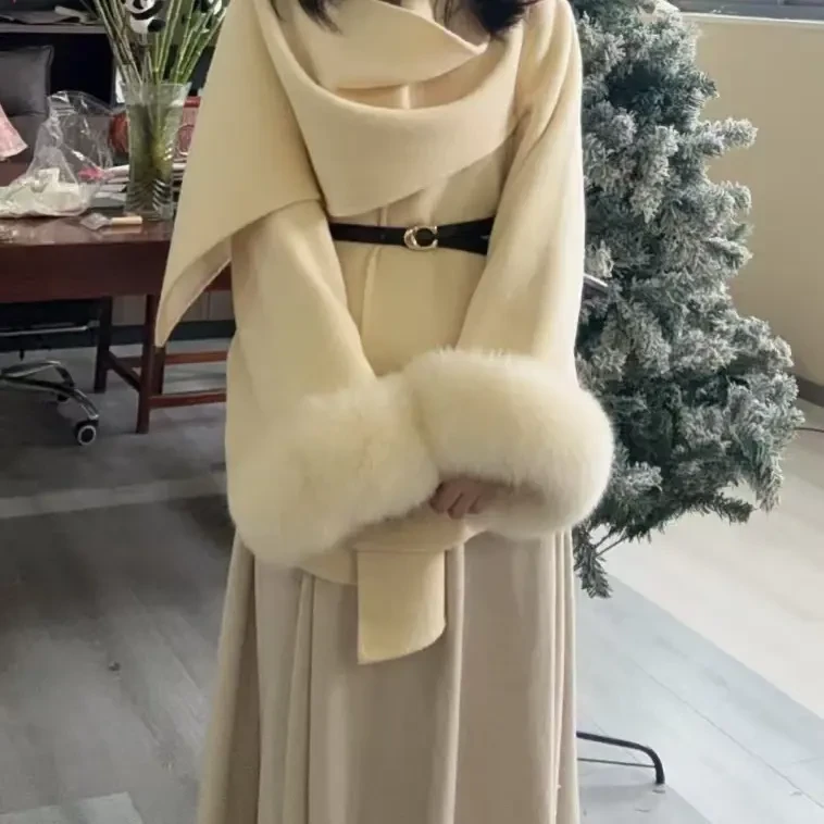 秋冬双面袖气质两穿毛呢外套女韩系千金氛围感