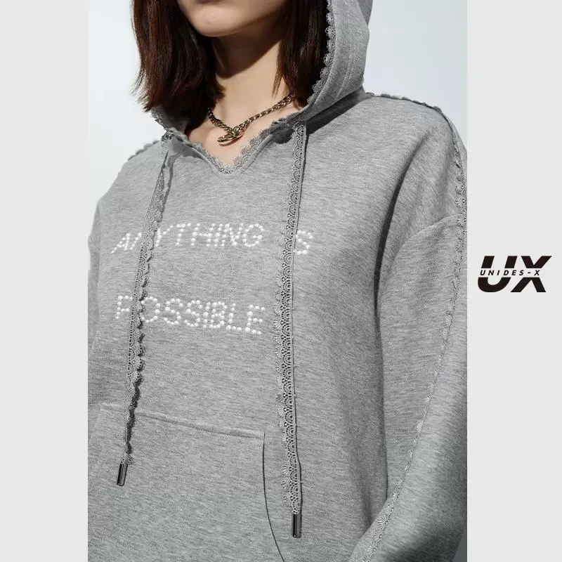 UX2025春季新款灰色绣花连帽长袖蕾丝边卫衣女时尚上衣百搭单品yc