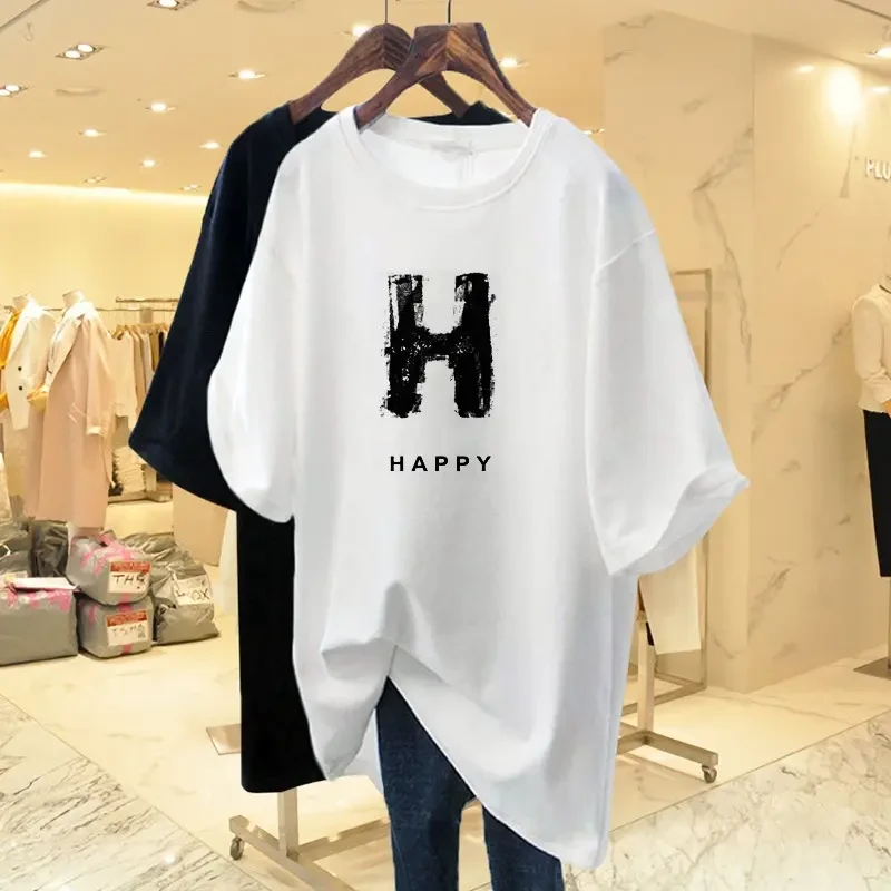 字母印花t恤女短袖中长款纯棉2025夏季新款宽松大码欧货潮牌上衣