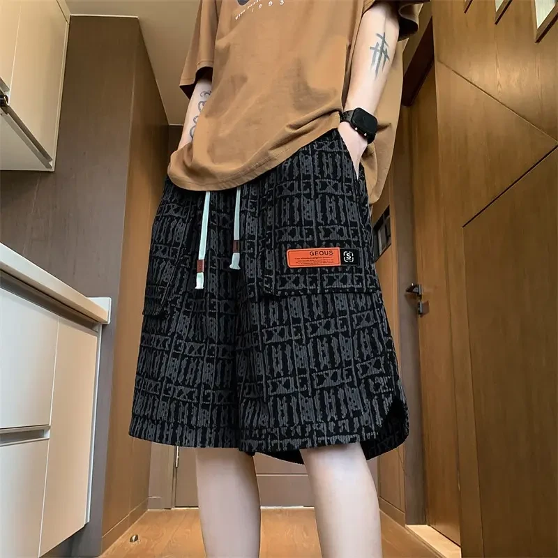 美式复古短裤男士2025夏季新款潮牌松紧腰字母满印休闲直筒五分裤
