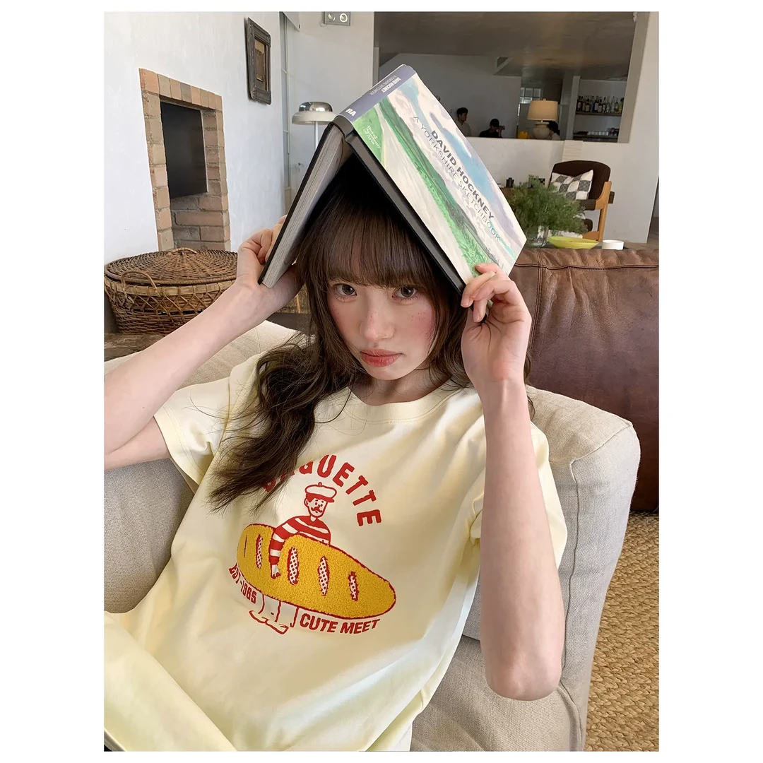 你好卡农 美式复古风热狗毛巾绣t恤女宽松显瘦纯棉上衣KL25Z6055D