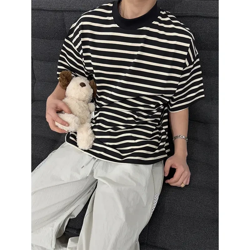 黑白条纹短袖T恤男2025新款小领口重磅美式复古cleanfit半袖体恤