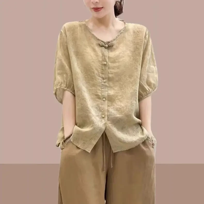妈妈中年夏装新中式棉麻上衣女高端亚麻休闲衬衫新款苎麻短袖T恤
