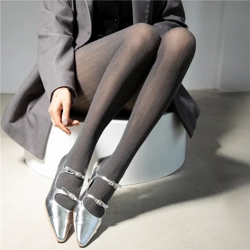 灰色丝袜女外穿显瘦打底裤韩国东大门miu系袜子银丝竖条纹连裤袜