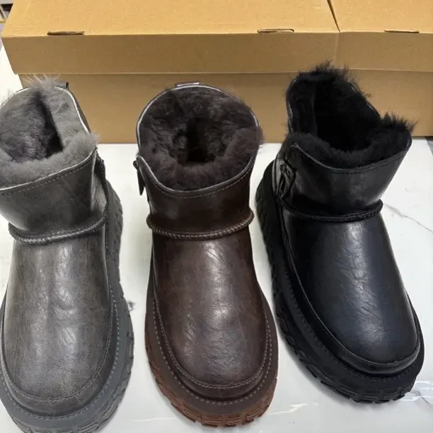 冬季新款男士雪地靴加绒加厚防滑户外保暖短筒防水牛皮靴