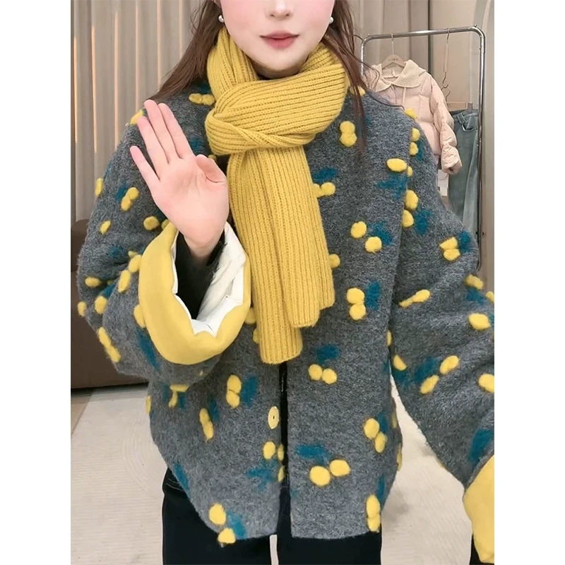 2024秋冬新款法式欧洲站撞色拼接棉服外套女时尚减龄小香风外套女