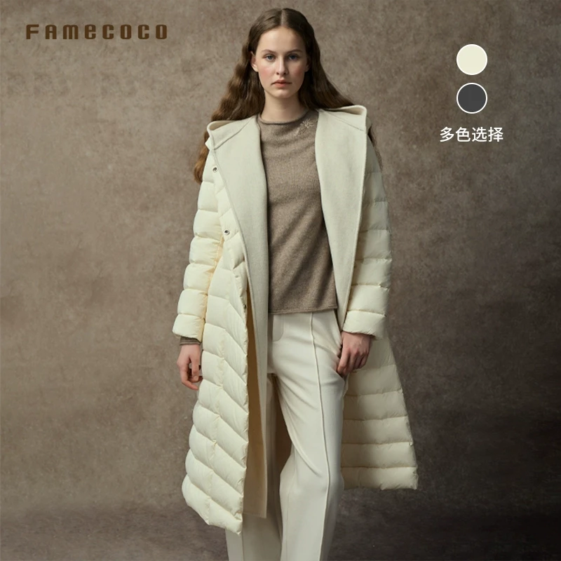 FAMECOCO范可儿X型长款羽绒服可拆帽保暖双层内胆24冬FAC8AK003