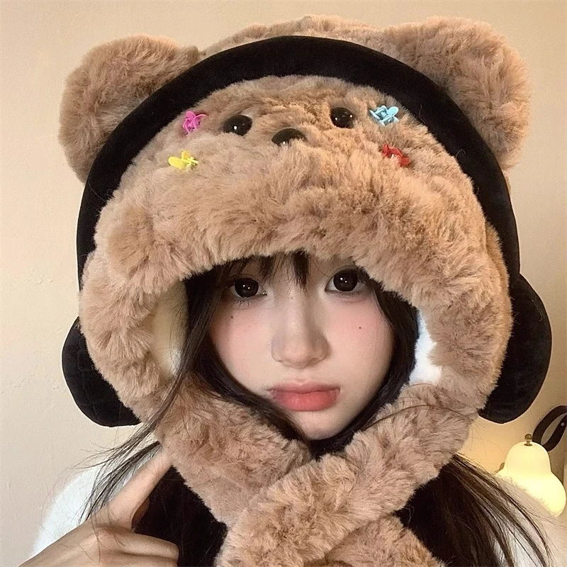 冬季新款加绒耳机小卡子围巾帽子百搭一体可爱保暖防风耳机帽子