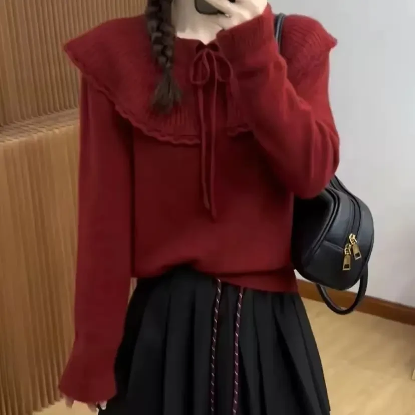 【先利专属】秋冬娃娃领系带针织衫韩系甜美减龄百搭长袖